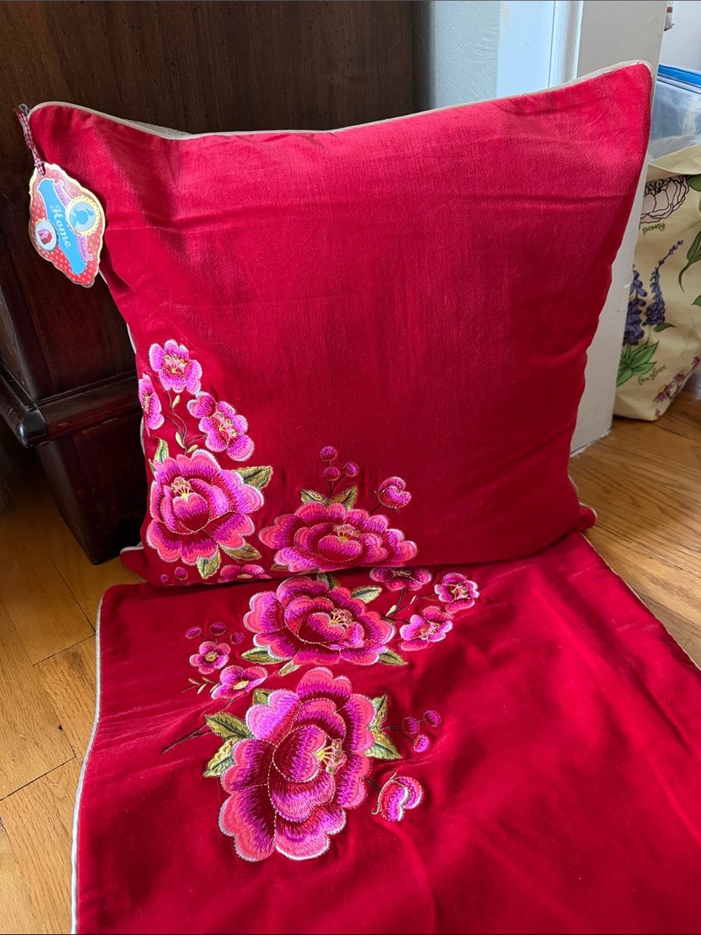 Anthro PIP studio Embroidered Red Velvet Floral pillow cushion covers set of 2